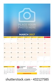 March 2017. Wall Monthly Calendar for 2017 Year. Vector Design Print Template with Place for Photo. Week Starts Monday. 3 Months on Page. Planner Template. Stationery Design