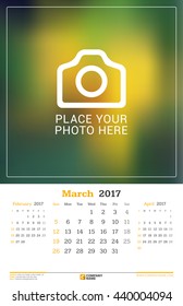 March 2017. Wall Monthly Calendar for 2017 Year. Vector Design Print Template with Place for Photo. Week Starts Sunday. 3 Months on Page