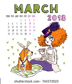 March. 2018 calendar. Cute girl with dog. Can be used like greeting cards.