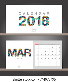 March 2018 Calendar. Desk Calendar modern design template with paper cut styles. Week starts on Sunday. Vector illustration.