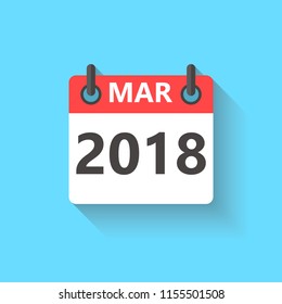 March 2018 calendar flat style icon with  shadow.