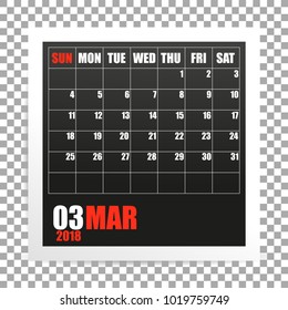 March 2018 calendar photo frame on transparent background. Spring month. Vector