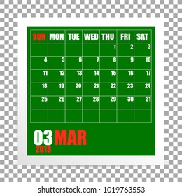 March 2018 calendar photo frame on transparent background. Spring month. Vector