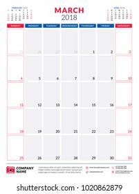 March 2018. Calendar planner design template. Portrait orientation. Week starts on Sunday. Stationery design