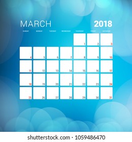 March 2018. Calendar planner design template with abstract background. Week starts on Sunday