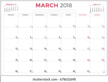 March 2018. Calendar planner design template. Week starts on Monday. Stationery design