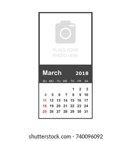 March 2018 calendar. Calendar planner design template with place for photo. Week starts on sunday. Business vector illustration.