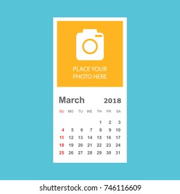March 2018 calendar. Calendar planner design template with place for photo. Week starts on sunday. Business vector illustration.