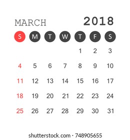 March 2018 calendar. Calendar planner design template. Week starts on Sunday. Business vector illustration.