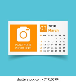March 2018 calendar. Calendar planner design template with place for photo. Week starts on sunday. Business vector illustration.