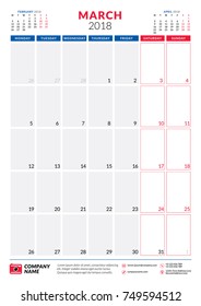 March 2018. Calendar planner design template. Portrait orientation. Week starts on Monday. Stationery design