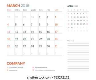 March 2018. Calendar planner design template. Week starts on Sunday. Stationery design