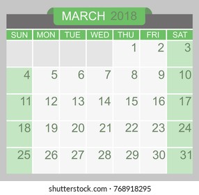 March 2018. Calendar planner design template. Week starts on Sunday.