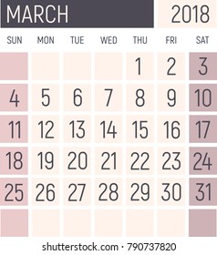 March 2018 Calendar planner design template. Lokanichny style. Vector