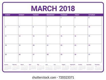 March 2018 calendar planner vector illustration, simple and clean design. 