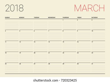 March 2018 calendar planner vector illustration, simple and clean design. 
