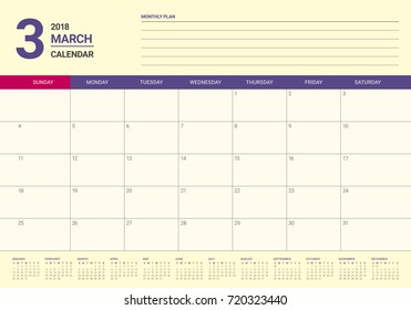 March 2018 calendar planner vector illustration, simple and clean design. 