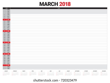 March 2018 calendar planner vector illustration, simple and clean design. 