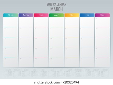 March 2018 calendar planner vector illustration, simple and clean design. 