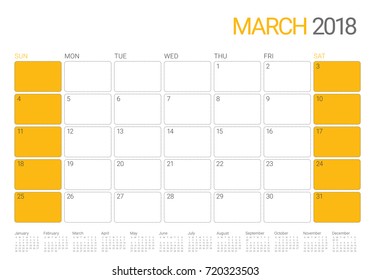 March 2018 calendar planner vector illustration, simple and clean design. 