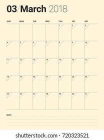 March 2018 calendar planner vector illustration, simple and clean design. 