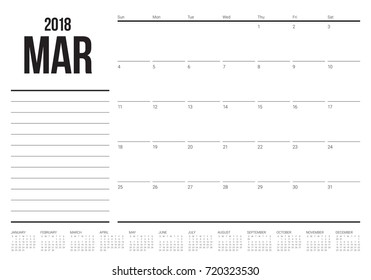 March 2018 calendar planner vector illustration, simple and clean design. 