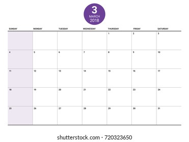 March 2018 calendar planner vector illustration, simple and clean design. 