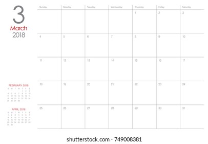 March 2018 calendar planner vector illustration, simple and clean design. 