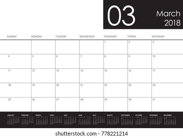 March 2018 calendar planner vector illustration, simple and clean design. 