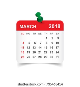 March 2018 calendar. Calendar sticker design template. Week starts on Sunday. Business vector illustration.
