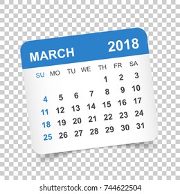 March 2018 calendar. Calendar sticker design template. Week starts on Sunday. Business vector illustration.