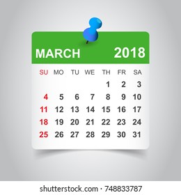 March 2018 calendar. Calendar sticker design template. Week starts on Sunday. Business vector illustration.