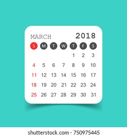 March 2018 calendar. Calendar sticker design template. Week starts on Sunday. Business vector illustration.