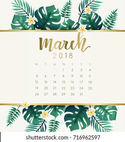 March : 2018 Calendar Template with Exotic Tropical Leaves : Vector Illustration