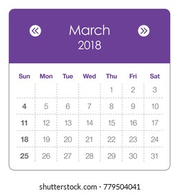 March 2018 calendar vector illustration, simple and clean design.