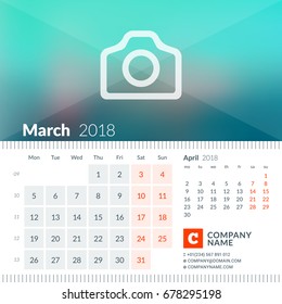 March 2018. Calendar for 2018 Year. Week Starts on Monday. 2 Months on Page. Vector Design Print Template with Place for Photo and Company Information