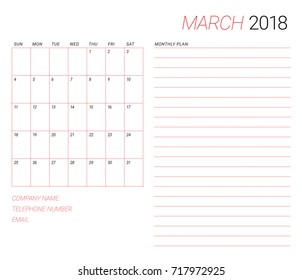 March 2018 desk calendar vector illustration, simple and clean design.