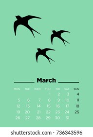 March 2018 Illustrated Calendar. Vector illustration.