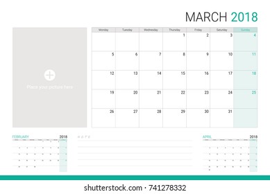 March 2018 illustration vector calendar or desk planner, weeks start on Monday, with empty lines for writing notes and space for picture