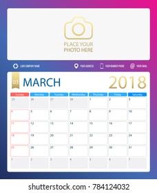 MARCH 2018, illustration vector calendar or desk planner, weeks start on Sunday, size of paper for printing A4. Blue is purple color.