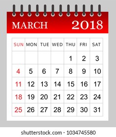 March 2018 - Monthly Calendar- illustration - Vector