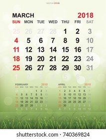 March 2018 - Monthly calendar template 2018 year in simple. Week starts from Sunday. With grass field and light blurred bokeh background. Vector illustration.