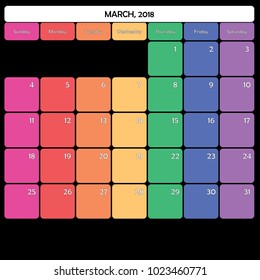 March 2018 Planner Calendar big editable space color day