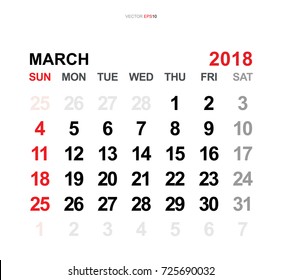 March 2018. Vector monthly calendar template 2018 year in simple style for template design. Week starts from Sunday.