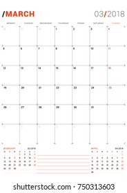 March 2018. Vector Print Template. Monthly Calendar Planner for 2018 Year. Week Starts Monday. 3 Months on the Page. Stationery Design