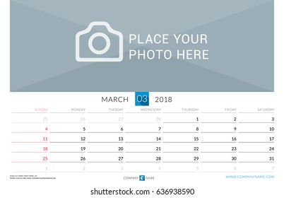 March 2018. Wall Monthly Calendar for 2018 Year. Vector Design Print Template with Place for Photo. Week Starts on Sunday. Landscape Orientation