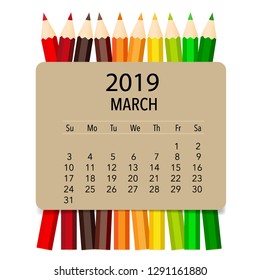 March 2019 calendar page. Vector illustration.