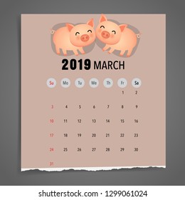 March 2019 calendar page. Vector illustration.