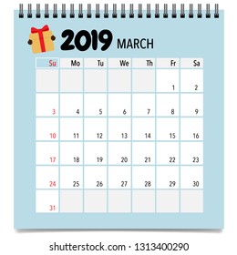 March 2019 calendar page. Vector illustration.