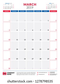 March 2019. Calendar planner stationery design template. Portrait orientation. Week starts on Sunday